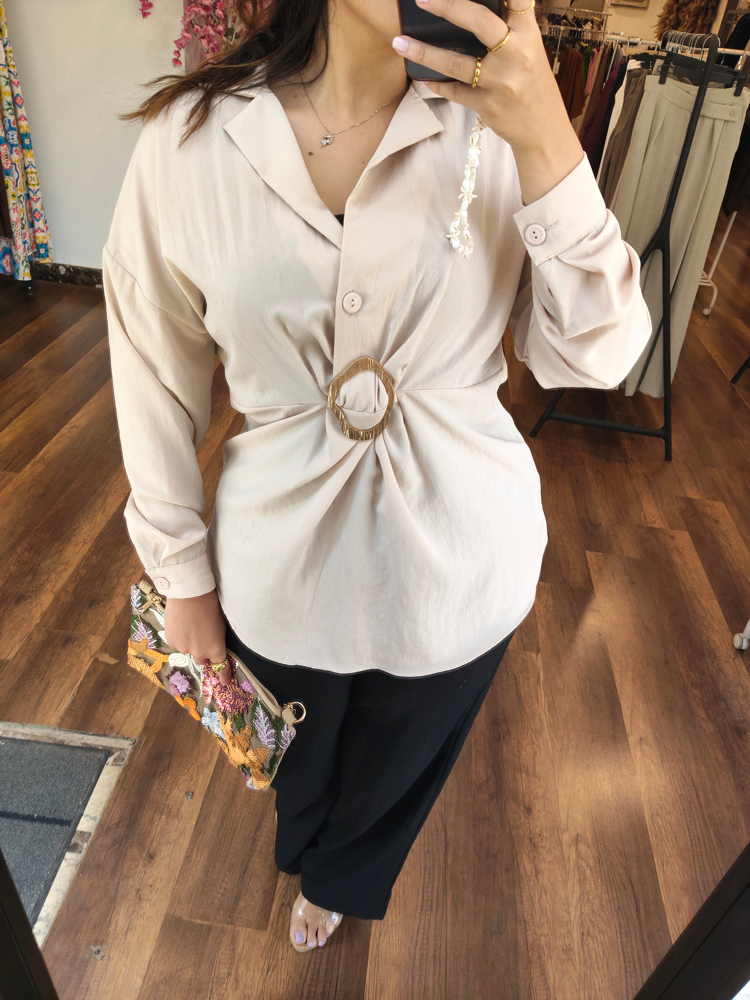 gold broche blouse
